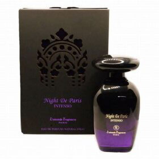 l´orientale fragrances night de paris intenso eau de parfum 100 ml. unisex. Frasco de vidrio degradado negro a púrpura con tapa redonda alta y texto visible en el frente, presentado junto a caja negra con relieve ornamental y texto púrpura; presentación de 100 ml. También suele emplearse como frasco decorativo en tocadores por su diseño compacto.