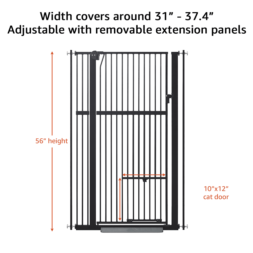 unipaws 56" Tall Baby Gate with Cat Door, 31-37" Wide Pressure Mounted Dog Gate for Stair Doorway, Walk Through Pet Gate, Black