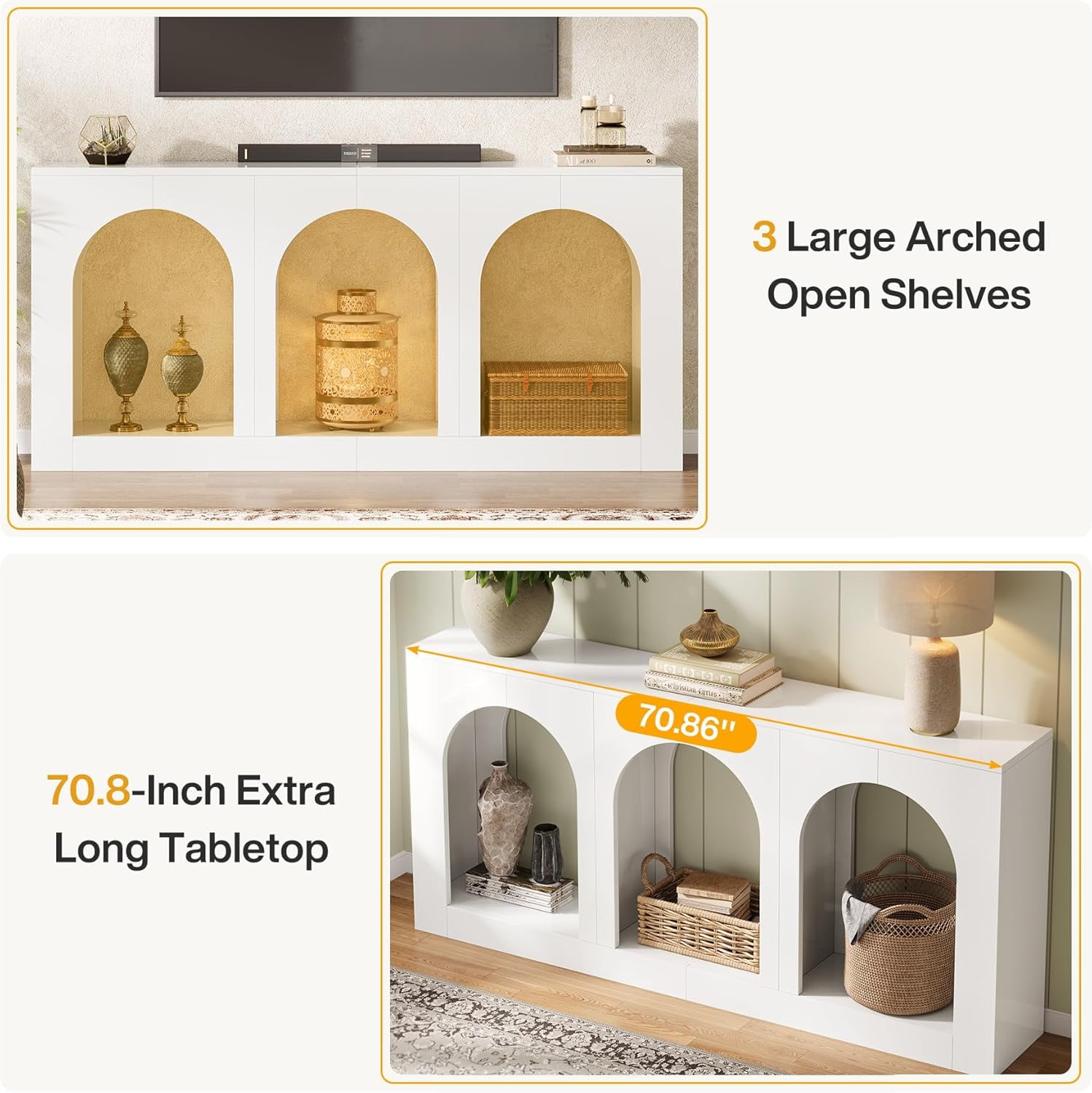 Tribesigns 70.9" White Console Entryway Table: Inviting Design with Three Arched Shelves, Offering Spacious Storage for Foyer, Living Room, Behind Sofa