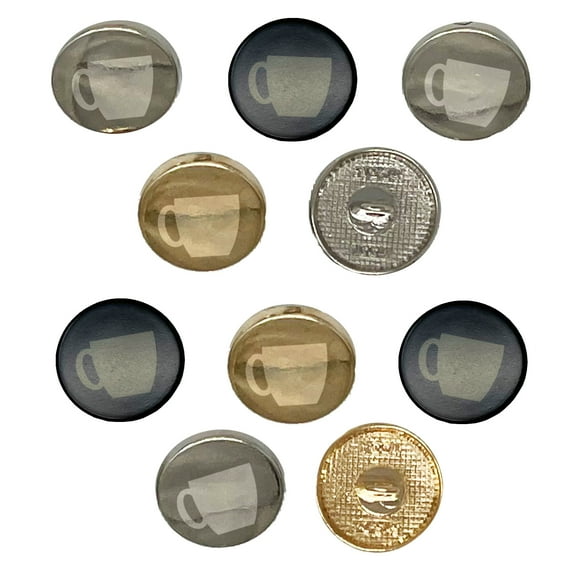 Coffee Mug Cup Solid Set of 10 Metal 0.6" (15mm) Sewing Shank Round Buttons - Silver Color