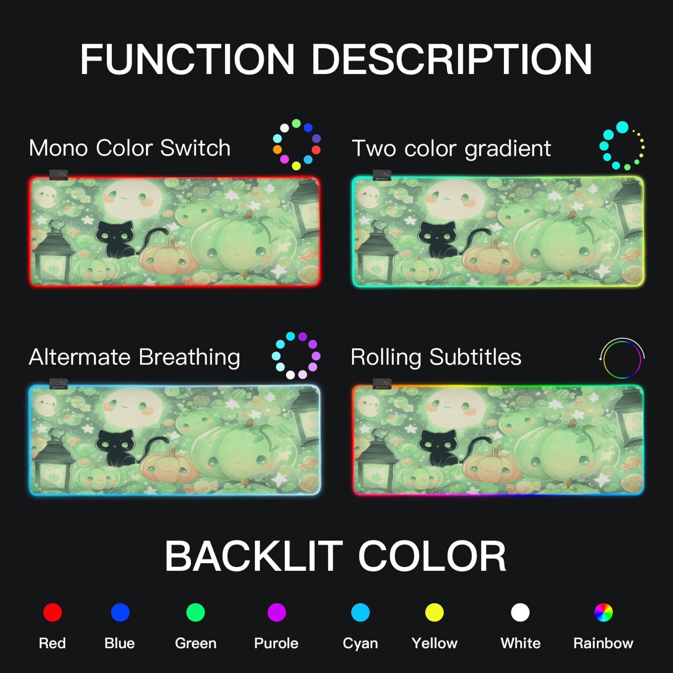 Haosy RGB Led Gaming Mouse Pad Non-Slip Large Keyboard Desk Mat 13 Light Modes 31.5x11.8 inch Adorable Green Pumpkin Cat