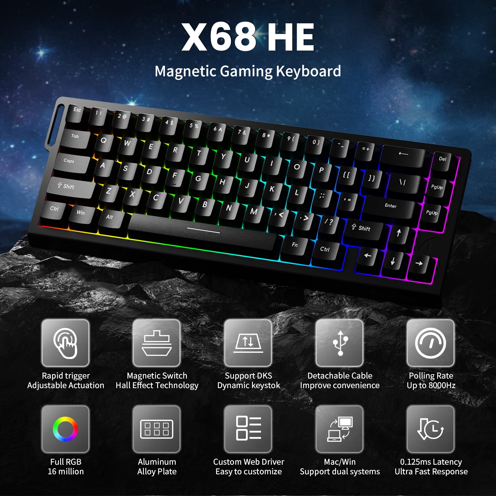 ATTACK SHARK X68 HE Rapid Trigger Keyboard Magnetic Switch 60% Wired 8KHz Magnetic Keyboard With 0.01mm RT Accuracy, Support RT/Snap Tap/DKS/MT/TGL