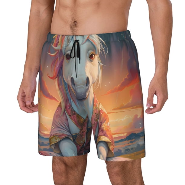 Balery Starry Sky Cute Horse Bañador para hombre, shorts de playa de secado rápido con entrepierna y forro de compresión-XX-Large