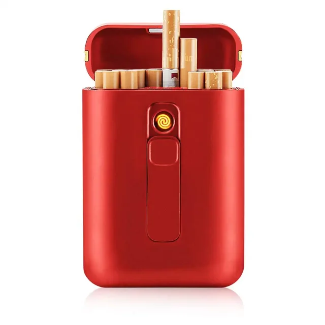 Pitillera con encendedor de cigarrillos King Size portátil, paquete de 20 encendedores USB de tamaño regular, recargable, sin llama, a prueba de viento, (rojo)