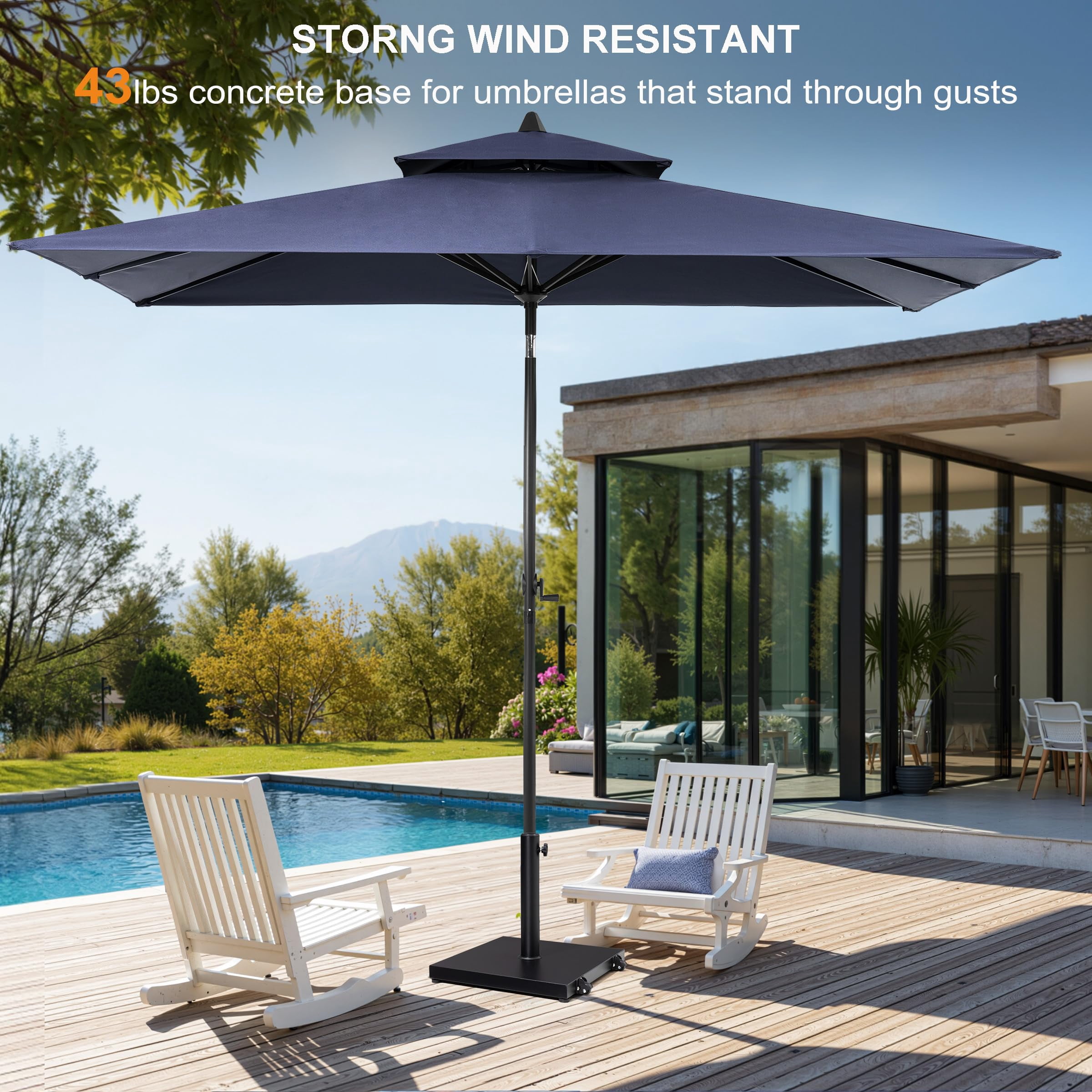 Crestlive Products 9x5ft Patio Umbrella with Base Included , Umbrella with Fade-Resistant Canopy, 43-lb Heavy-Duty Concrete Umbrella Stand with Wheels for outdoor