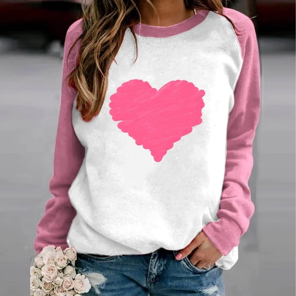 ZyeKqe Valentines Sweatshirt for Women Crewneck Color Block Pullover Tops Cute Heart Graphic Long Sleeve Shirts