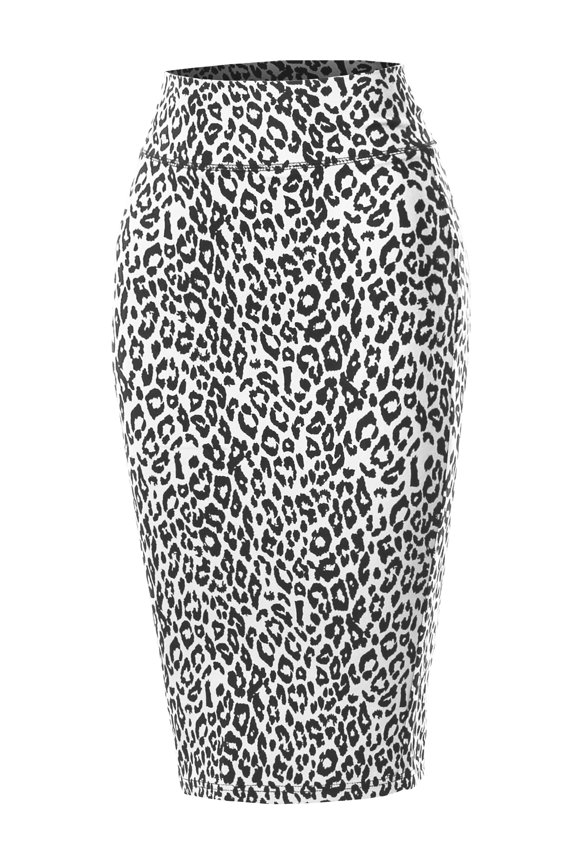 Women's Basic Solid Ponte Knee Length Slit Techno Span High Waist Pencil Skirt Leopard White S