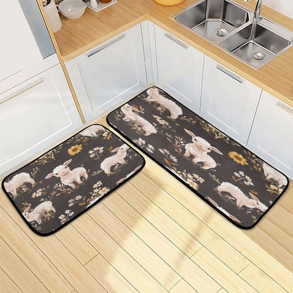 Kitchen Floor Mat 2 Sets Carpet Floor Mat Kitchen Mat Bathroom Mat Living Room Mat Bedroom Mat Absorbent Delicate Fabric No Ball Cute Pretty Cartoon Lamb