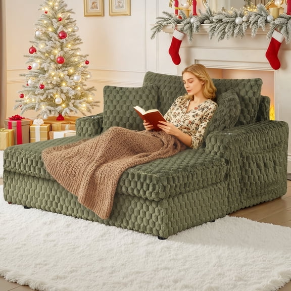 Leovanni Wood Frame Large Backrest Cup Holders Chaise Lounge Sleeper Sofa, Olive Green