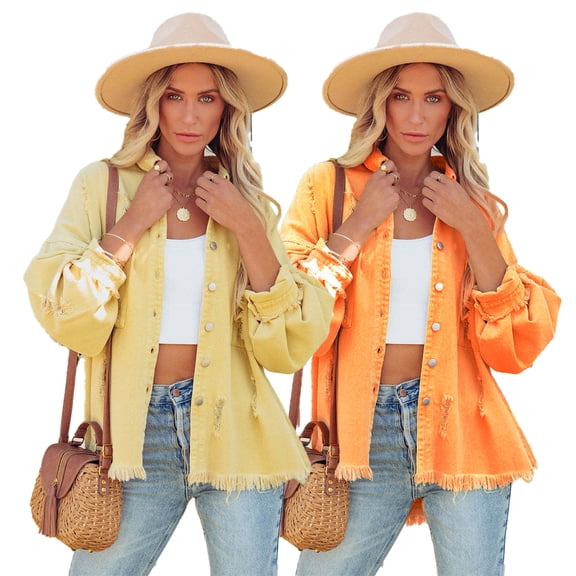 LYMAYTER Women Relaxed Coats Solid Color Long Sleeves Denim Jean Jacket Washed Mid-Length Cowboy Outwear S-XL