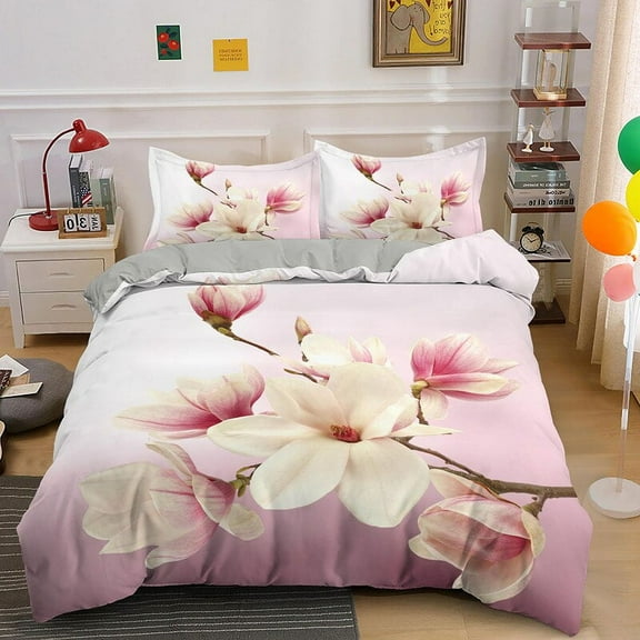 Magnolia Flowers King Duvet Cover White Pink Beautiful Floral Bedding Set for Women Plant 2/3pcs Soft Quilt Cover