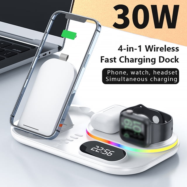 Phone 15W Type-c Alarm Clock Wireless Charger Tabletop Earphone Quick Charging Docking Station Replacement for iPhone 13/13 Pro Black