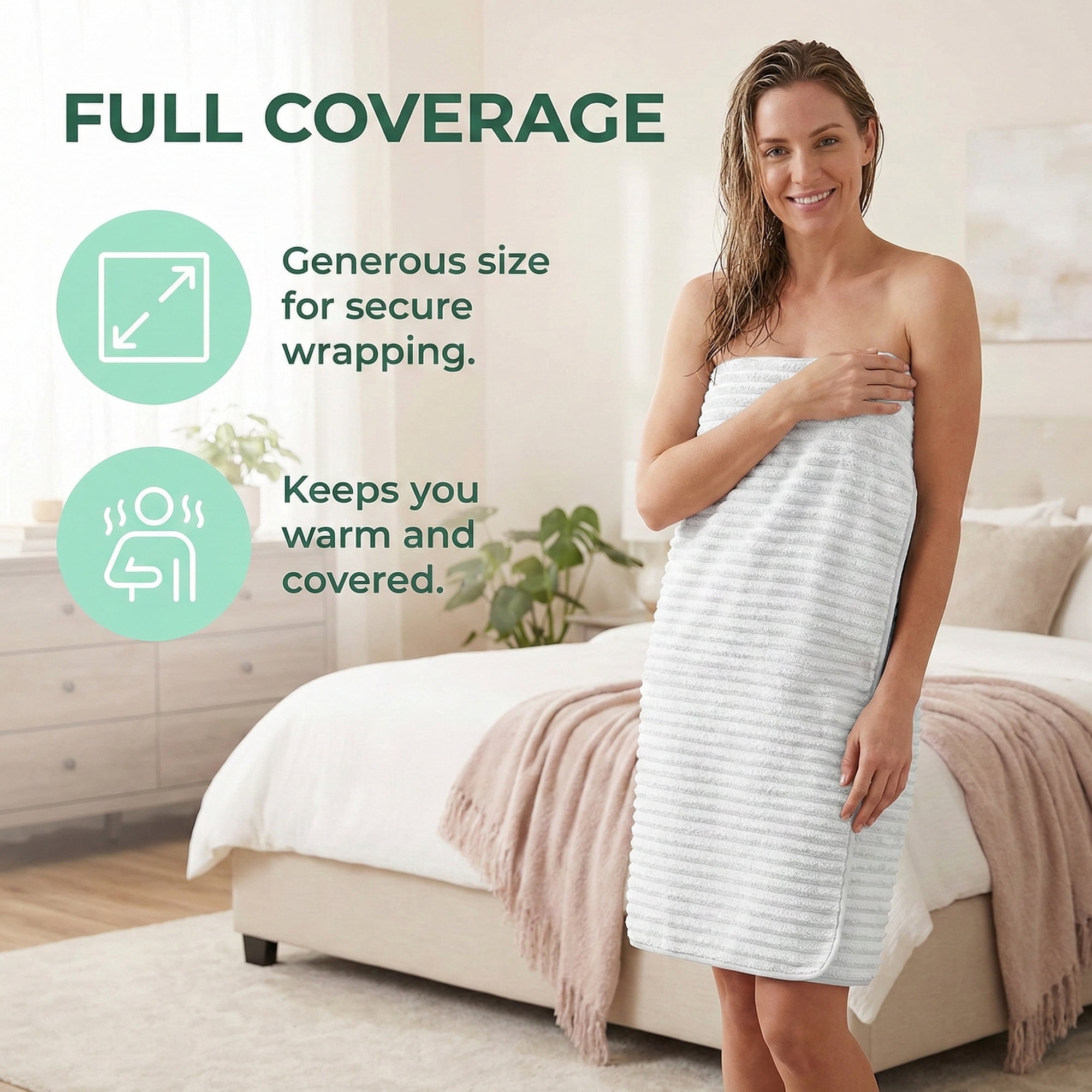 Unique Bargains 2Pcs Soft Super Absorbent Coral Fleece Bath Towel Light Grey/Green 55"x28"