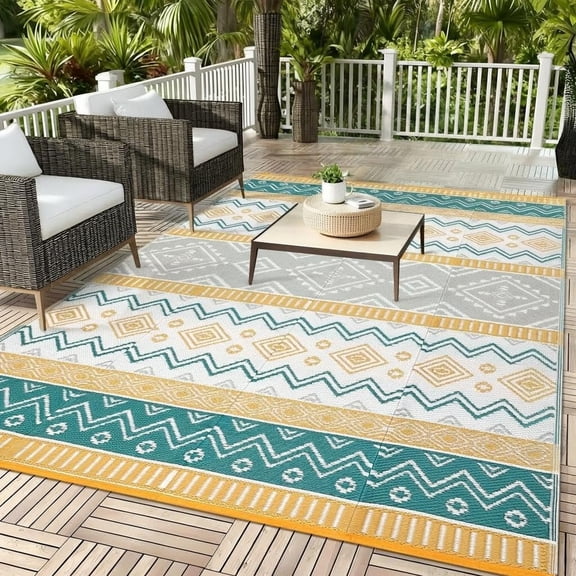 Yellow Green 9x18 Stain-resistant Reversible Outdoor Patio Rug