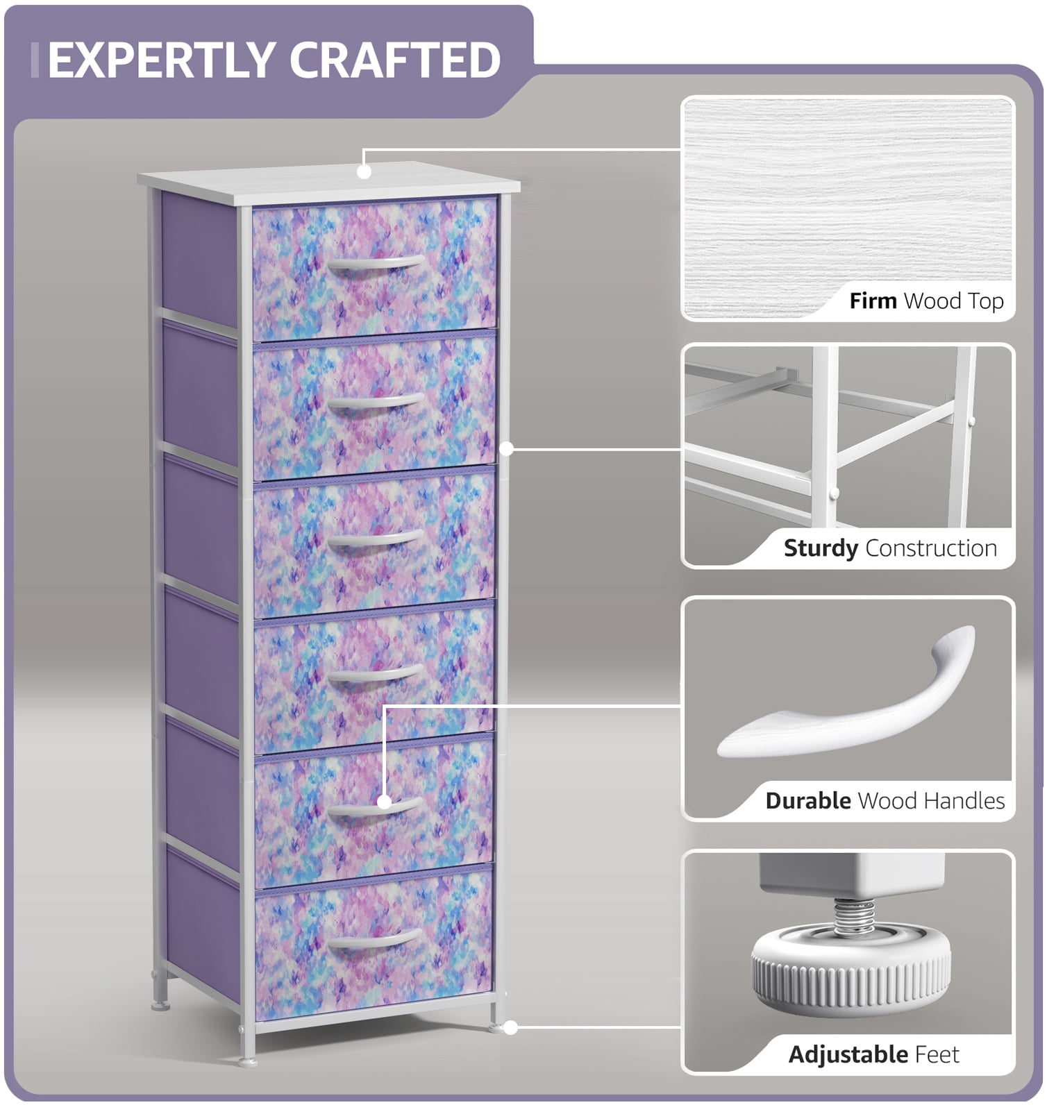 Sorbus 6-Drawer Dresser – Tie-Dye Purple Fabric Storage Tower for Kids Bedroom, Nursery, Closet