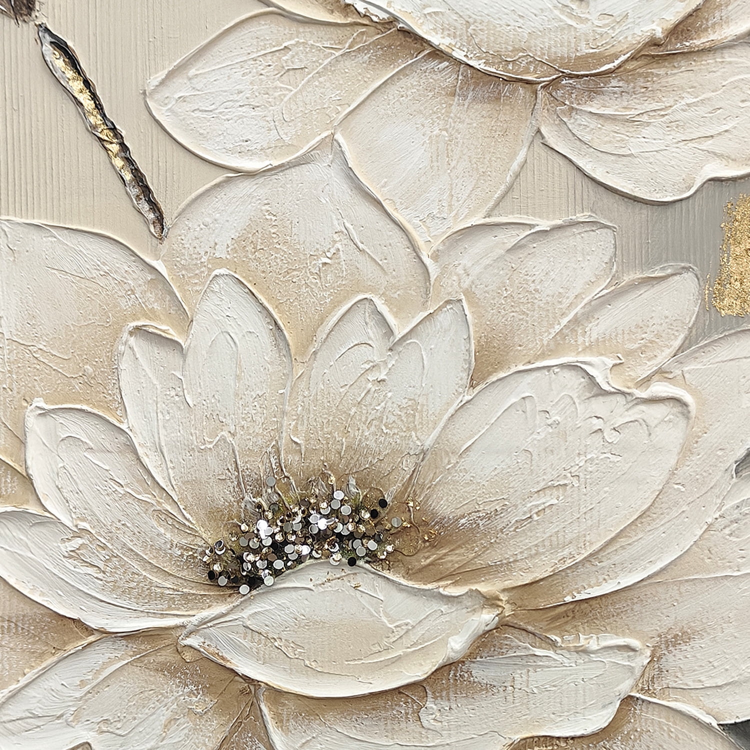 Euroco Framed Wall Art White Lotus Flower Texture Painting,Flower Canvas Wall Art Modern Grace Abstract Flowers Artwork with Neutral Decor for Living Room Bedroom,24x36in