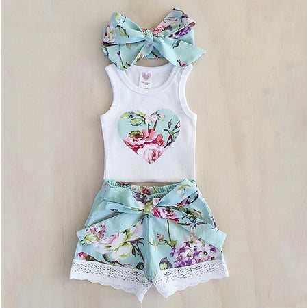 3PCS Toddler Kids Baby Girls T-shirt Vest Tops+Pants Outfits Summer Clothes Set 12-18