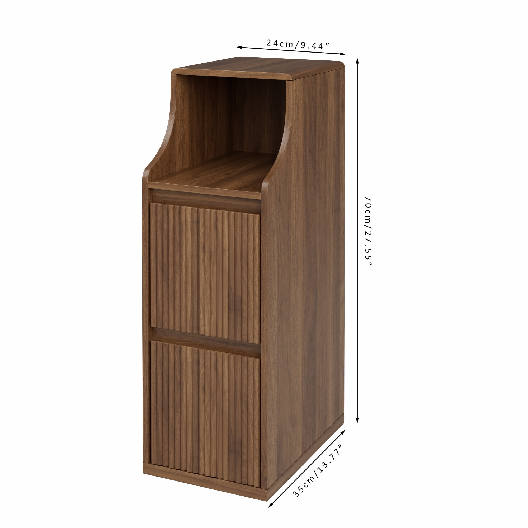 Fluted Narrow Nightstand Set of 2, Small 2 Drawer Nightstand, Skinny End Table, Mid Century Modern Night Stand for Living Room, Bedroom, Walnut