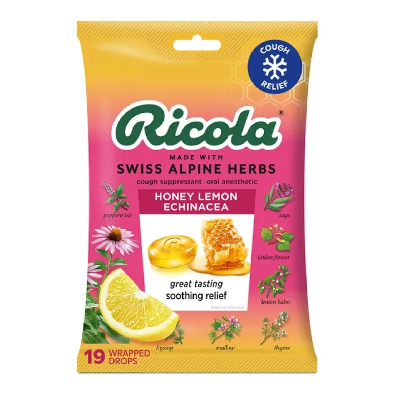 Ricola Honey Lemon with Echinacea Cough Drops for Sore Throat and Cough Relief, 19 Count