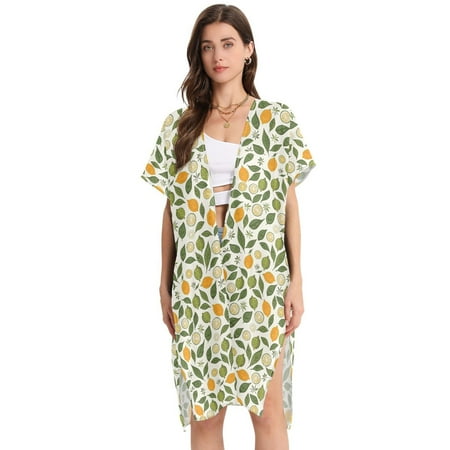 Beach Vacation Clothes Kimono Cardigan Loose Swimsuit Cover Up for Women Lemon Limes Leaf M