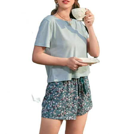 

Casual Ditsy Floral Round Neck Short Sets Multicolor Short Sleeve Women Pajama Sets