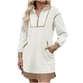 thumbnail image 2 of Ashirexll Robe d'Hiver pour Femmes, Robe à Manches Longues pour Femmes, Jupe-Chemise de Sport avec Demi-Fermeture Éclair, Col en V, Manches Longues, Robe Décontractée de Couleur Contrastante, 2 of 6