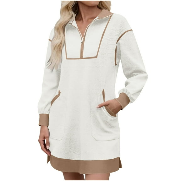 Qulqfy Long Sleeve Womens Dresses Casual Mini Beige Corduroy V Neck Workout Zipper Plus Size Dresses with Pockets Womens Fall Dresses 2025 L
