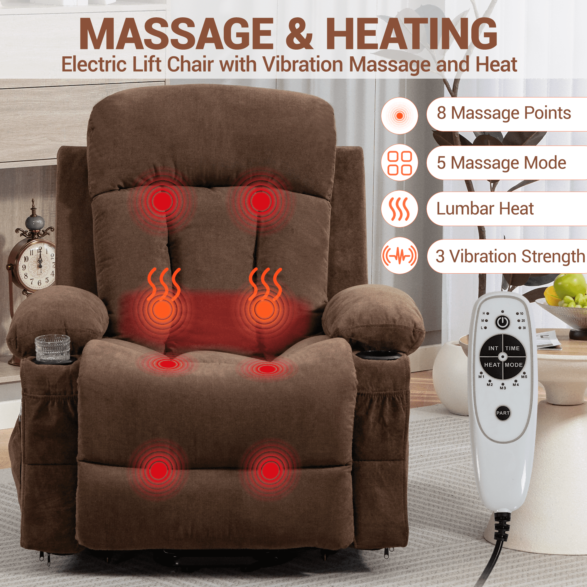 DELMANGO Power Lift Recliner Chair for Elderly, Electric Oversized Reclining Sofa with Vibration Massage & Heat, Cup Holder and USB Charging Port for Living Room, Brown