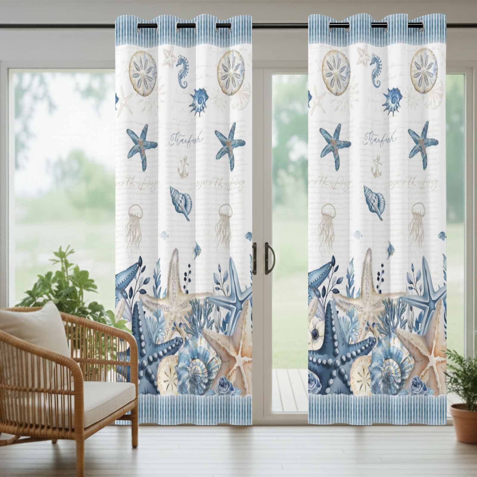Summer Beach Outdoor Curtains for Patio, Nautical Sea Starfish Seashell Coral Seahorse Blue Stripe Sunshade Privacy Drapes Grommet Waterproof Outside Curtains for Porch Balcony 54"x108", 1 Panel