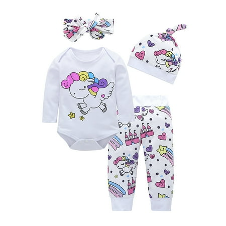 

baby girl clothes Set Romper+Pants+Hat+Headband Boys Baby 4Pcs Cartoon Clothes Outfits Outfits&Set