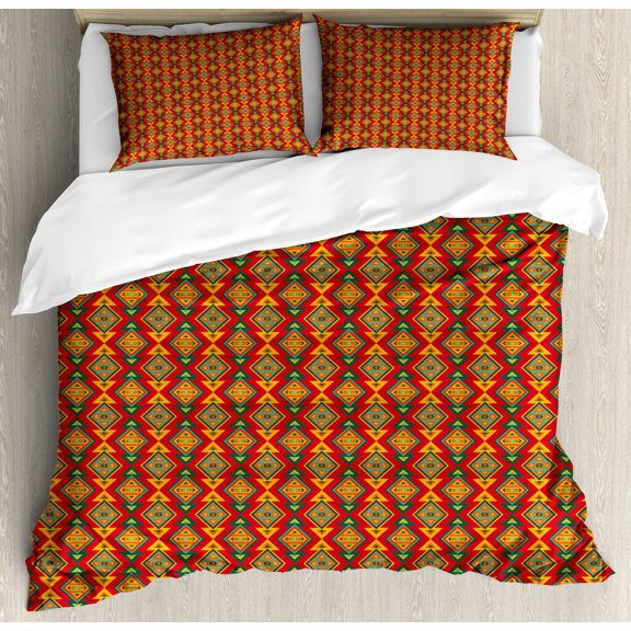 Boho Duvet Cover Set Queen Size, Vertical Tribal Inspired Geometric, Decorative 3 Piece Bedding Set with 2 Pillow Shams, Vermilion Dark Seafoam Hunter Green and Earth Yellow, by Ambesonne
