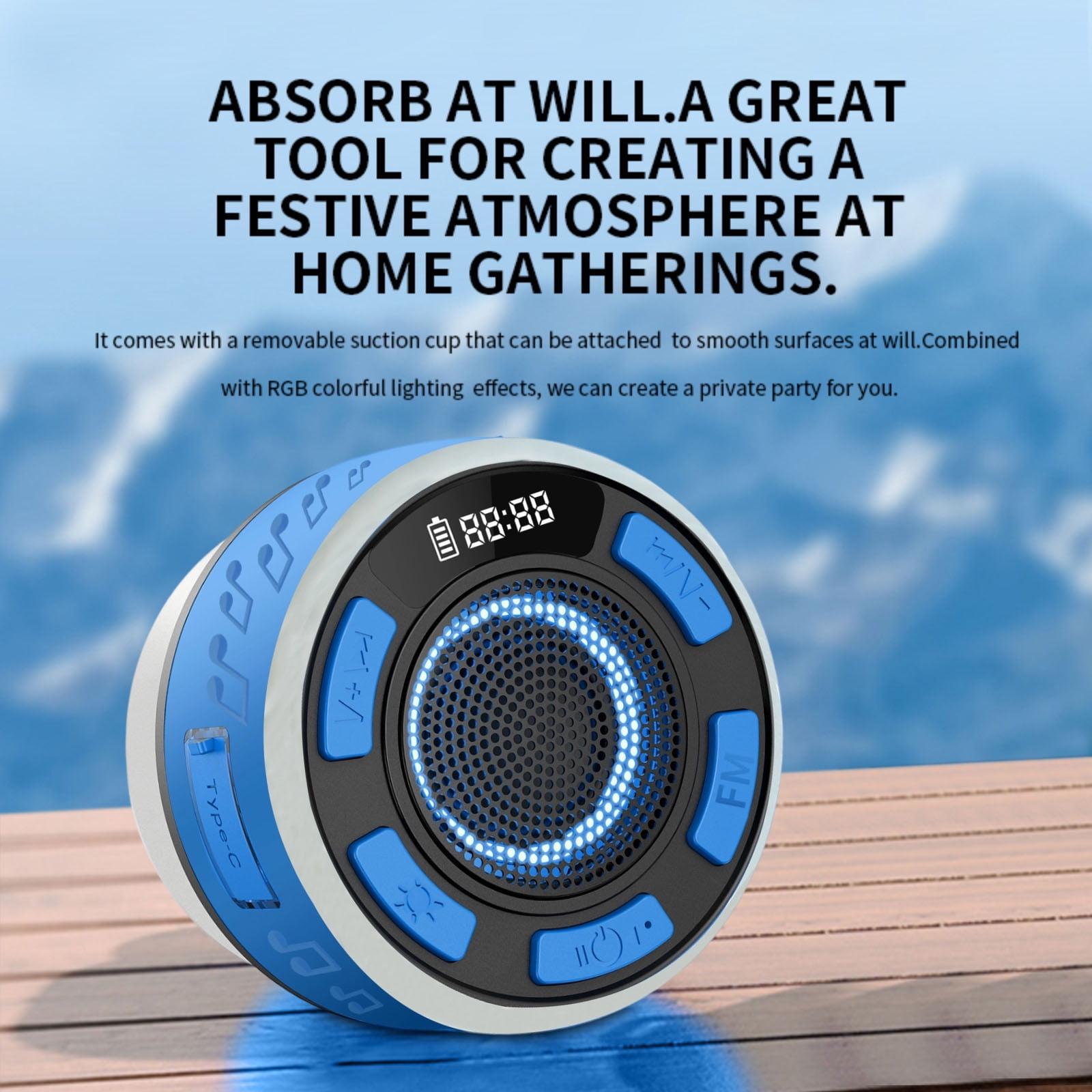 IPX7 Waterproof Bluetooth Speaker with Detachable Suction Cup, RGB Color Changing LED Shower Speaker, Portable Outdoor Speaker for Pool Beach and Camping, Wireless bluetooth audio