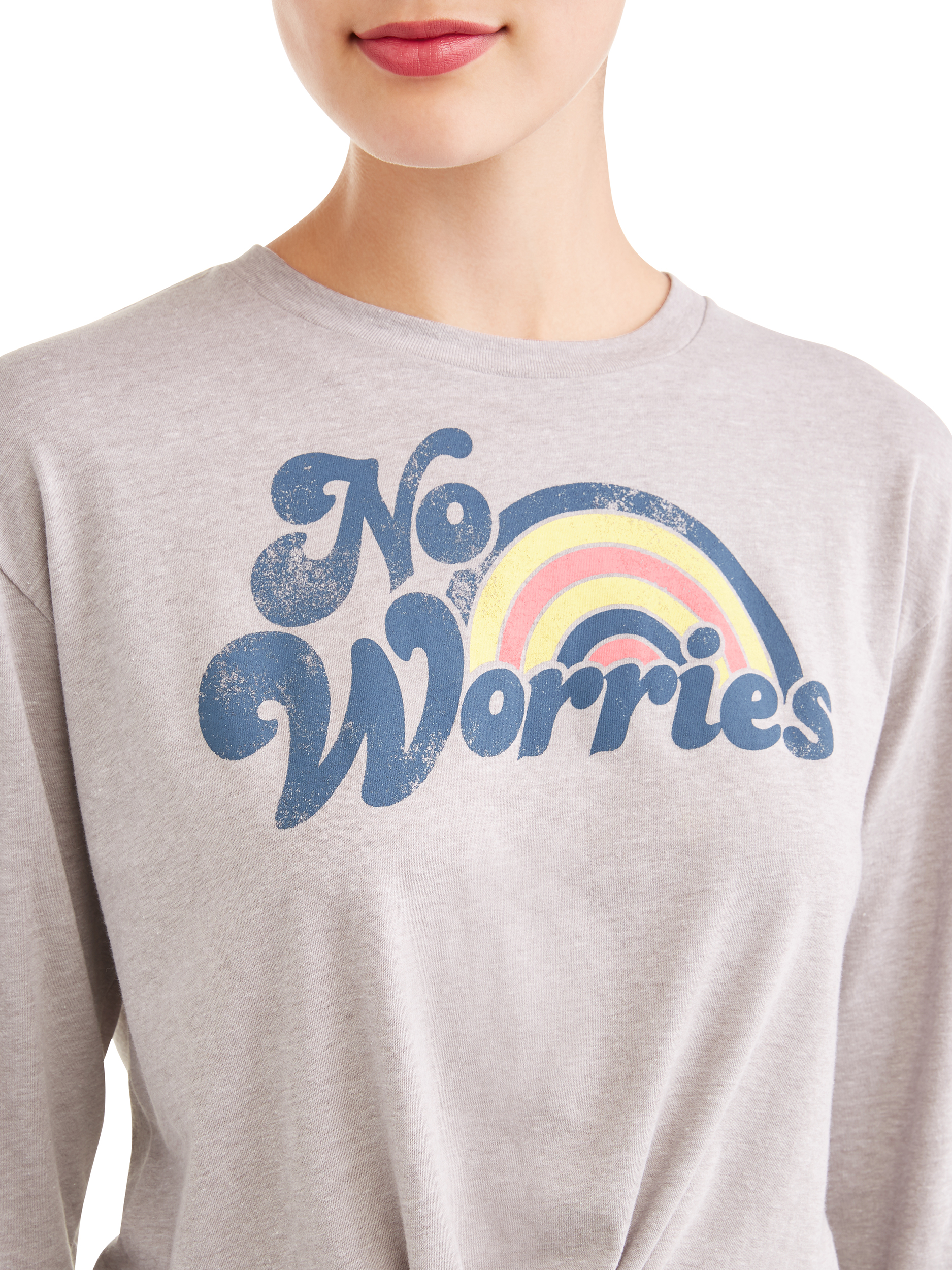 Juniors' "No Worries" Rainbow Graphic Tie-Front Long Sleeve Crew Neck T-Shirt - image 4 of 4