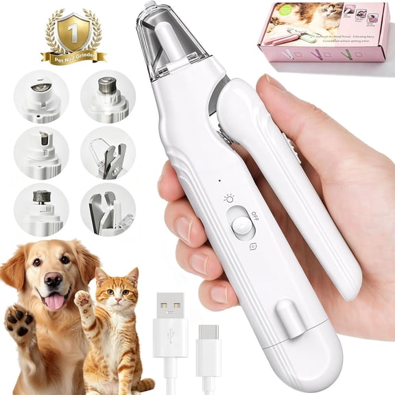 2-in-1 Dog Nail Grinder & Dog/Cat Nail Clippers Trimmers With 2 LED Lights,Rechargeable,Ultra-Quiet,Multiple Grinding Methods and Splash Guard for Small, Medium, and Large Dogs & Cats (White)