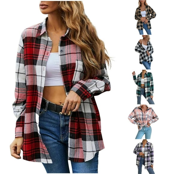 VEKDONE Womens Plaid Shacket Jacket Casual Long Sleeve Thin Shirts Fall Loose Fit Lapel Button Down Shirt Soft Lightweight Lounge Blouse with Chest Pockets Black XL