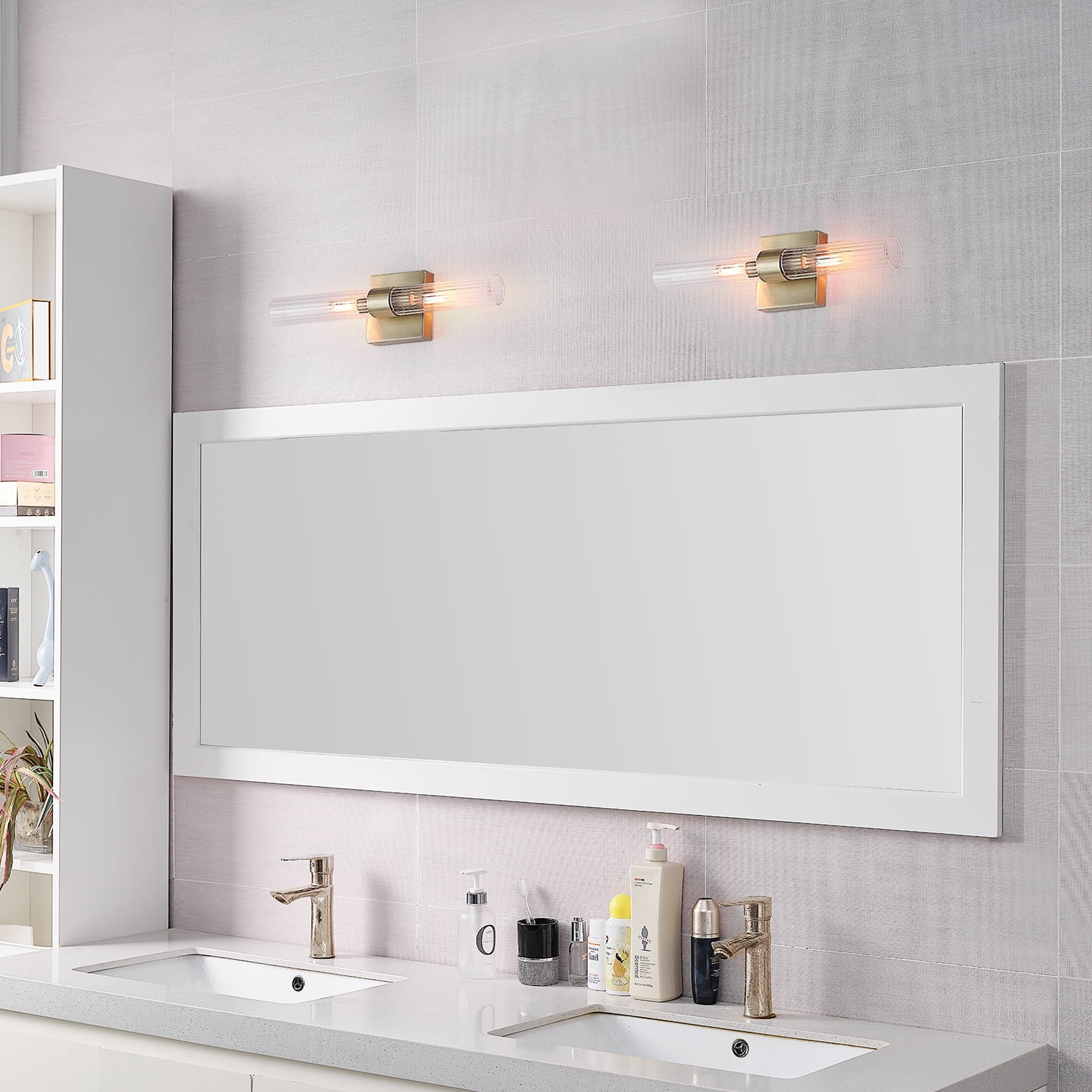Globe Electric Soft Glam Style 18" 2-Light LED Matte Brass Ribbed Glass Vanity Light, No Battery