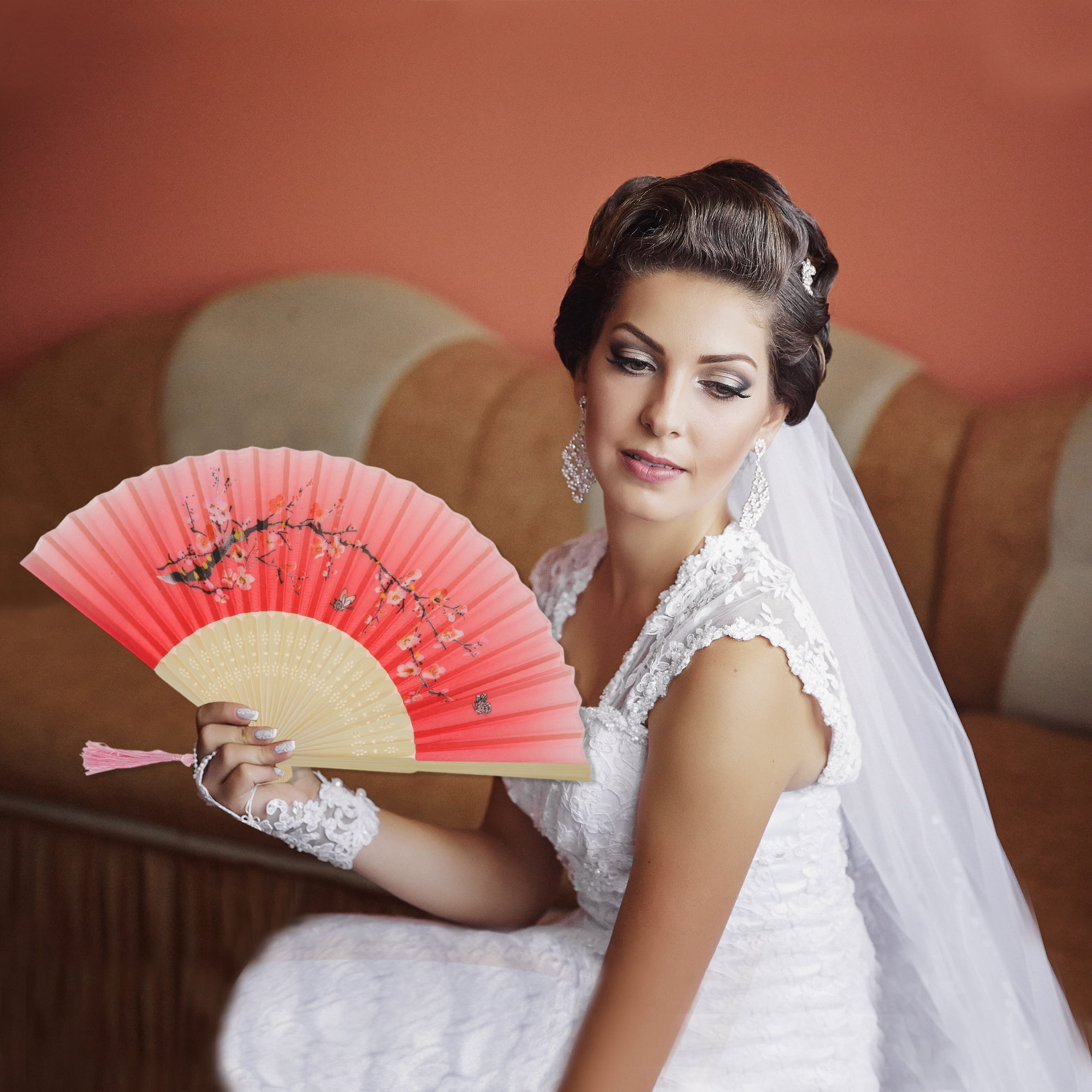 Unique Bargains Ancient Style Folding Fan 1Pc for Parties Light Red [Flowers Print]