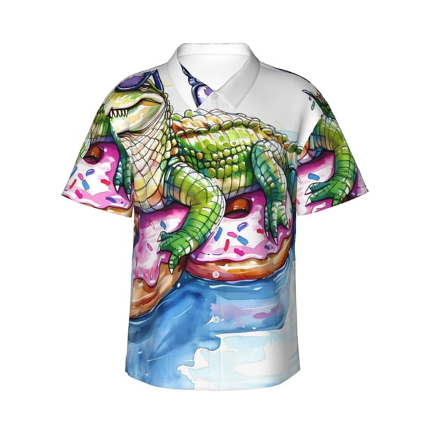 Fotbe Alligator Donut Pool Float Camisa Hawaiana para Hombre Unisex – Camisa Casual de Verano con Botones de Manga Corta de Algodón y Lino,Small