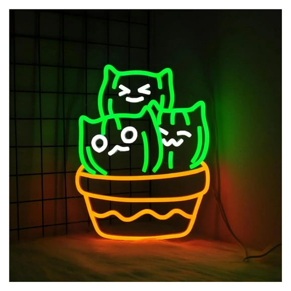 Panneau Néon Cactus Chat Lumières Led Néon pour Décoration Murale Alimenté par USB pour Décoration de Chambre Fête 27.5cmx35.5cm