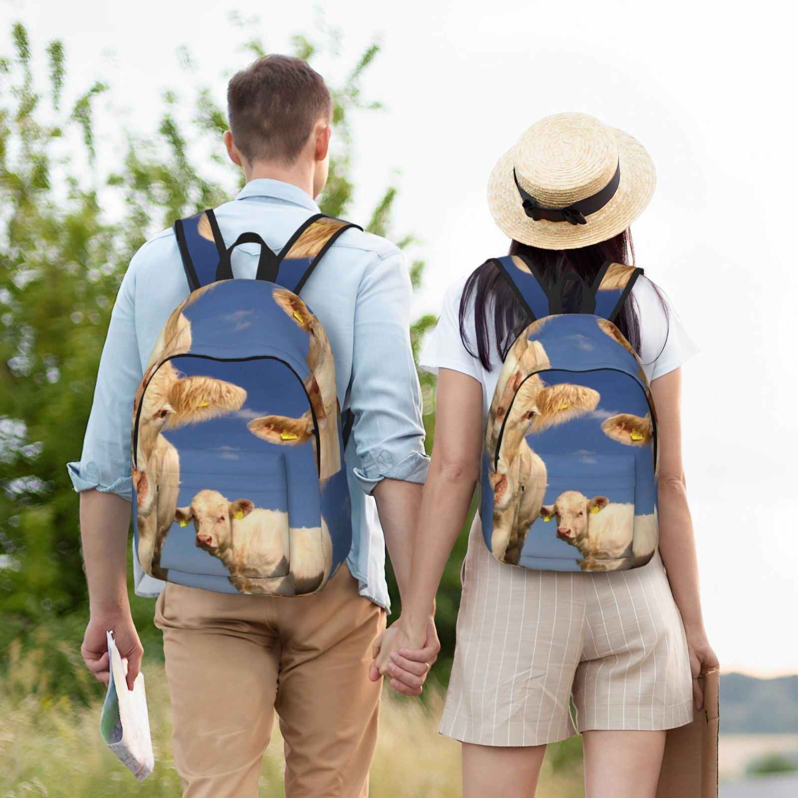 Ratiio Cows Cattles Print Canvas Backpack for Women & Men Retro Aesthetic Rucksack Basic Backpack for High School/College Students Travel Laptop Bag