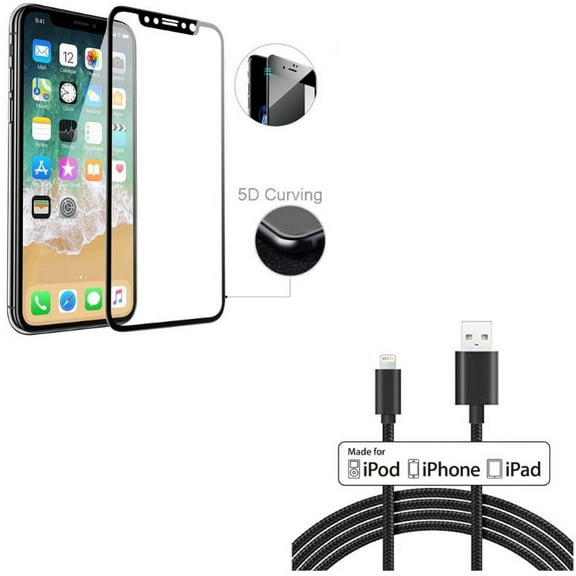 iPhone XS/X - Tempered Glass Screen Protector w 10ft MFi USB Cable - 5D Touch Curved Edge Full Cover Bubble Free Case Friendly 9H Hardness, Certified Charger Cord Power Wire Braided Long