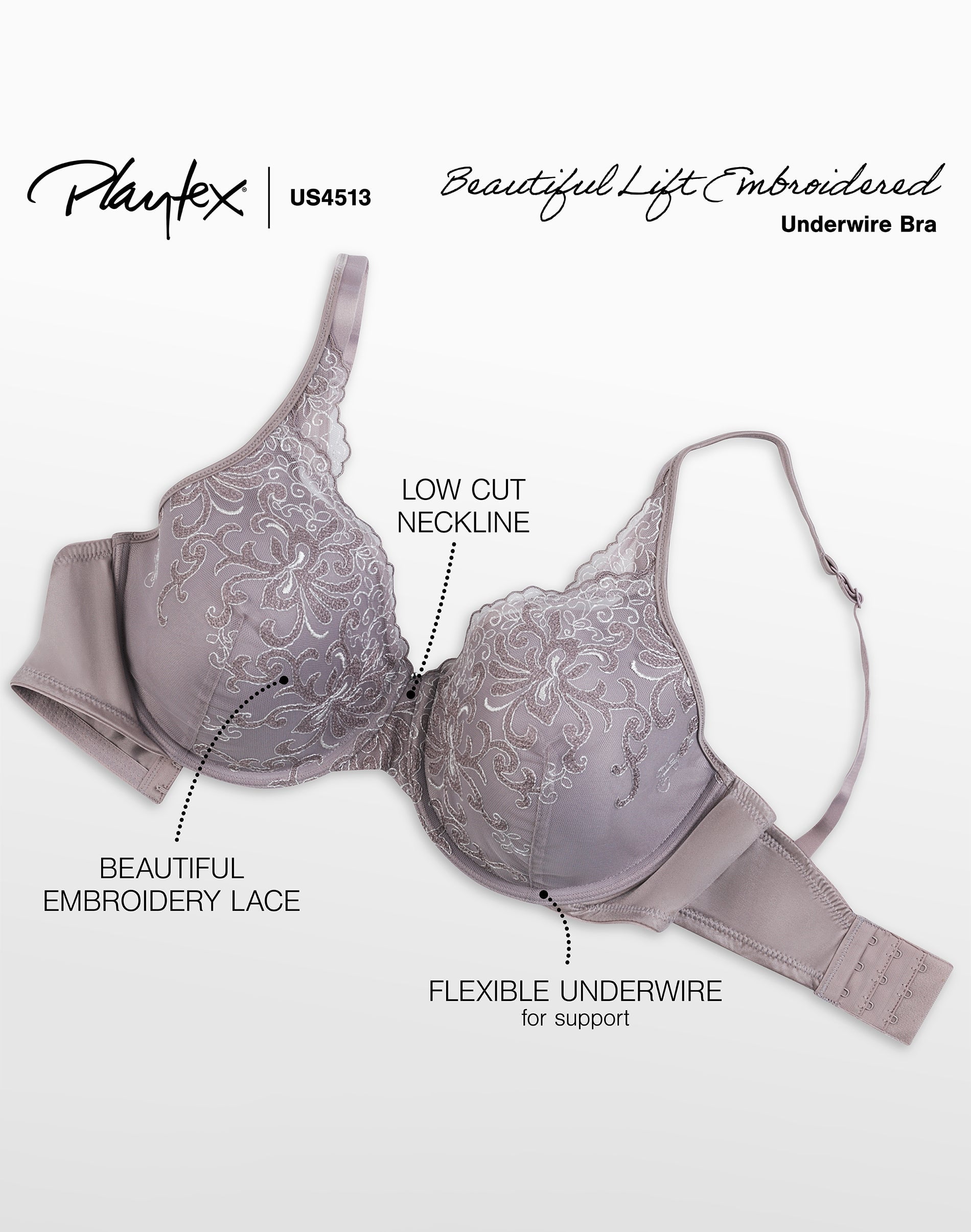 Playtex Underwire Bra Secrets Beautiful Lift Embroidered Comfort TruSupport 4513