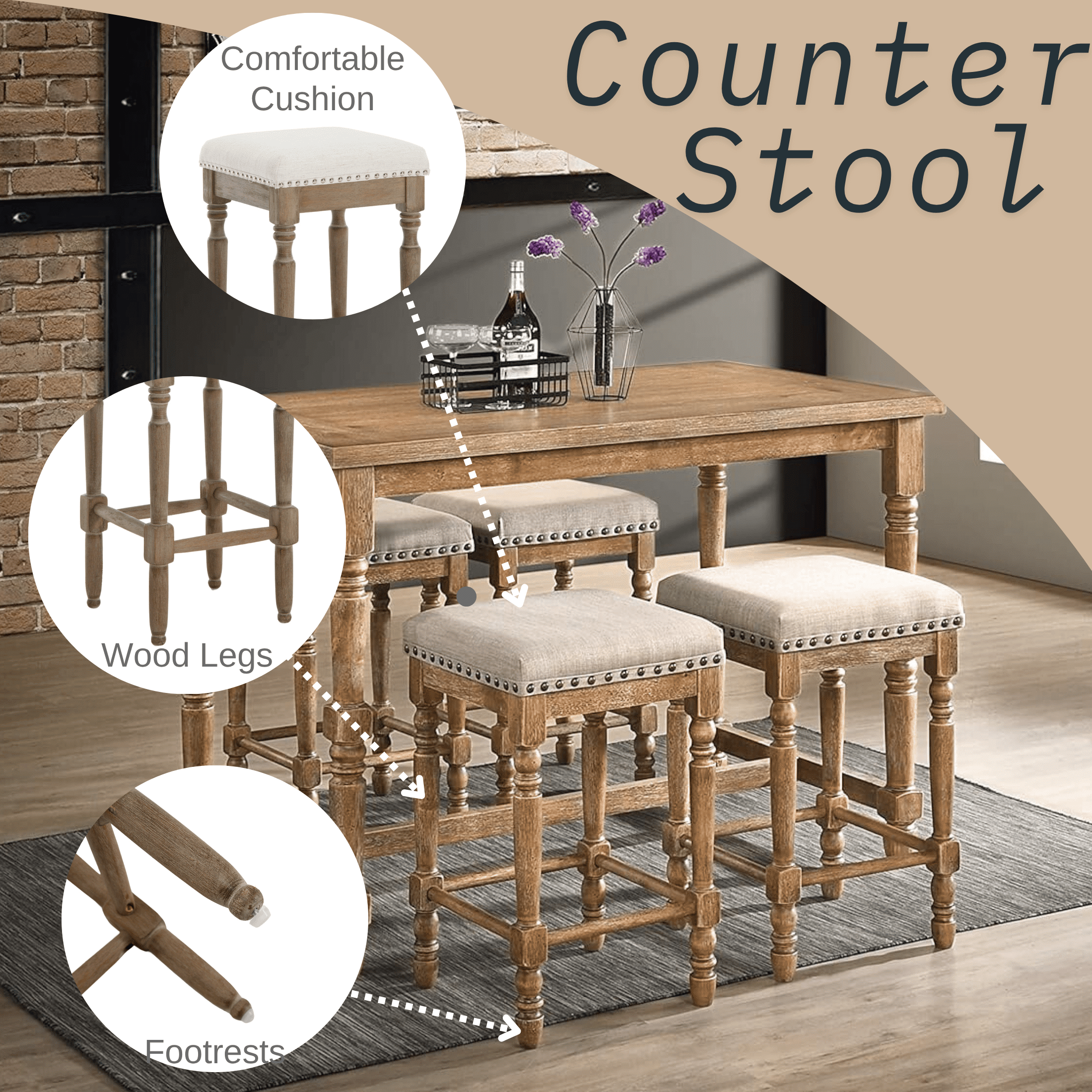 Guyou 26” Farmhouse Counter Stools Without backrest, Upholstered Counter Height Bar Stools with Wood Legs for Kitchen Counter Island, Beige-Brown Legs(Set of 4)