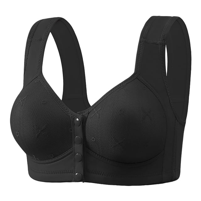 Comfortable Bra - Women's Non Steel Ring Style Printed Gathered Middle Button Breathable Underwear Daily Bra - Black