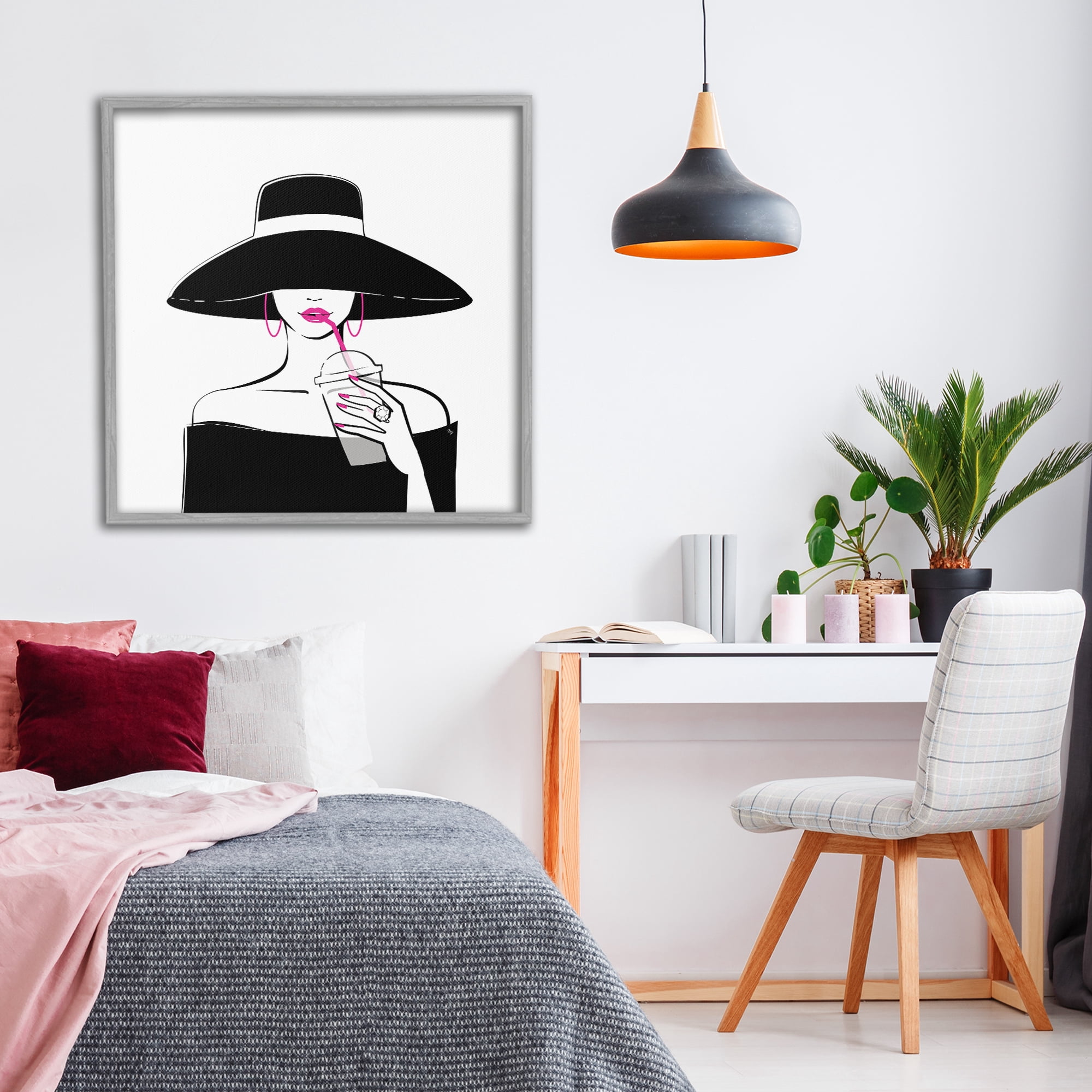Stupell Industries Chic Black Hat Sipping Coffee Gray Framed Giclee Art, design by Martina Pavlova