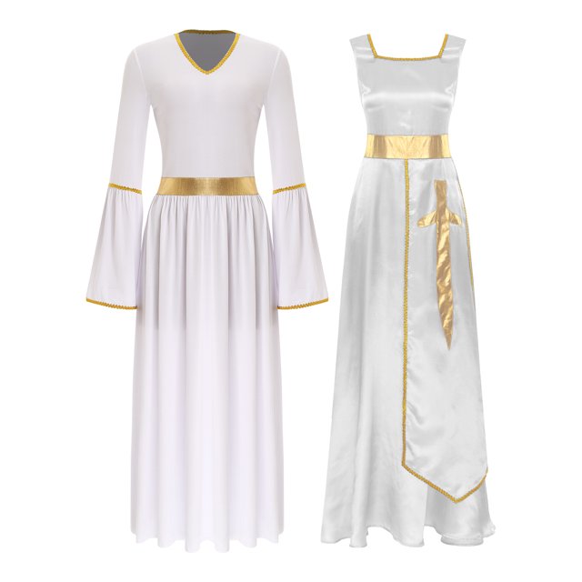 Raenseen Robes de Danse pour Femmes Tenues de Culte Col Carré Tunique avec Robes à Manches Longues Blanc&Blanc P