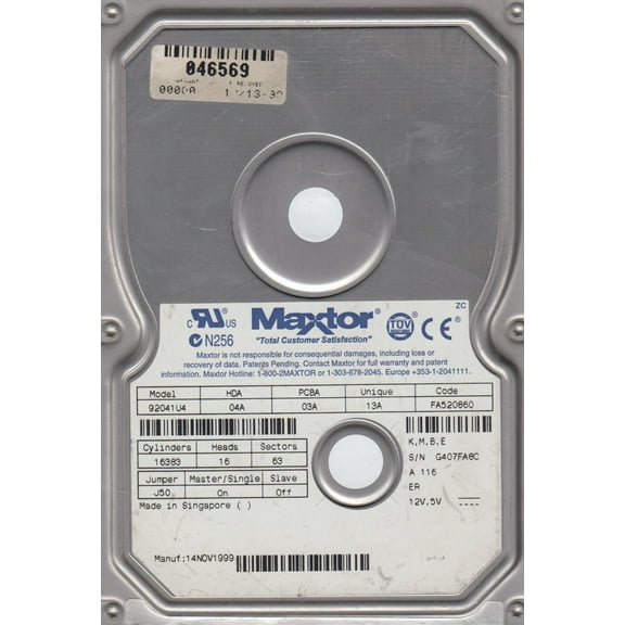 92041U4, Code FA520860, KMBE, Maxtor 20.4GB IDE 3.5 Hard Drive