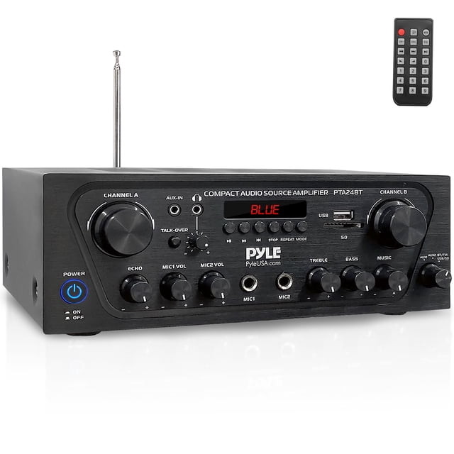 Pyle 2-Channel Bluetooth Home Stereo Amplifier - 250W Wireless Audio Receiver, Karaoke Optimized: Dual Mic In with Echo, Mic Talk-Over, FM Radio, USB