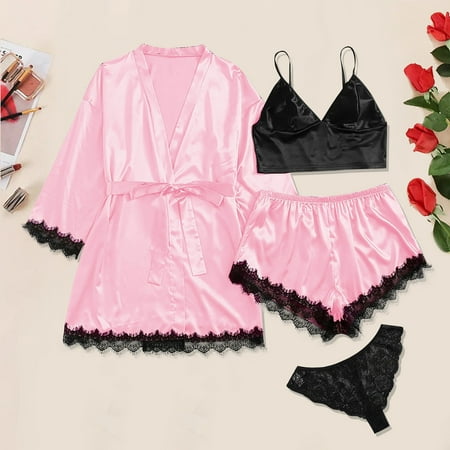 

SELONE Pajama Sets for Women Soft Plus Size Lingerie Womens Plus Size Lace Robe Satin 4 Piece Lingerie Bath Sleepwear Pajamas Nightgowns Pj Set for Valentines Day Anniversary Wedding Honeymoon Pink S