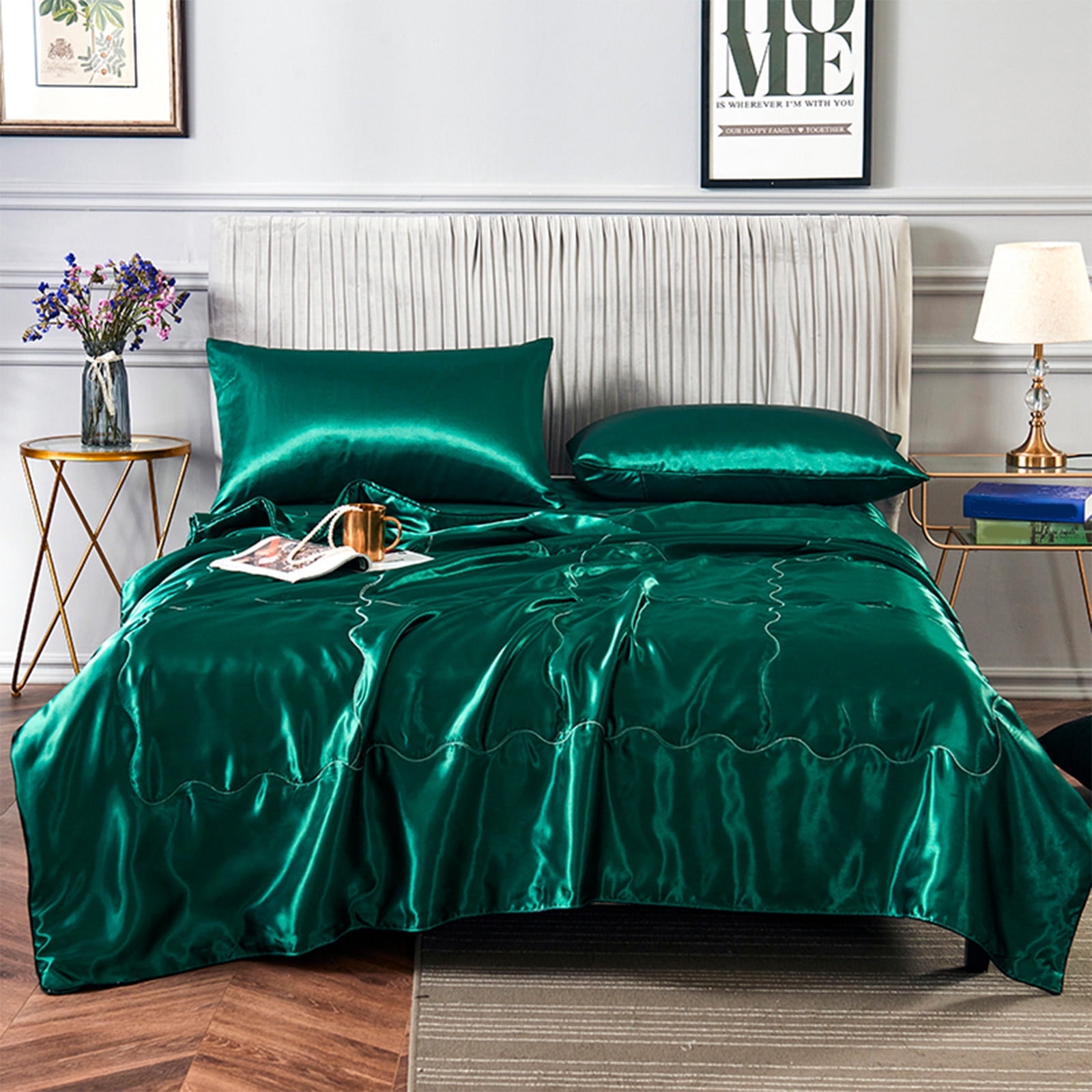 FastXmas Silk Satin Comforter Queen Size, Solid Color Reversible Summer Cooling Blanket, Double Sided Cold Effect, Breathable Lightweight Feather Down Quilted Bedding Machine Washable for All Season